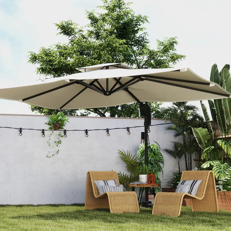 Outsunny 3.7 x 2.7 m Cantilever Parasol w/ 360 Rotation and Easy Tilt Adjustment, Aluminium Hanging Offset Outdoor Umbrella w/ Double Top and Cross Base, UPF50+ Hanging Sun Shade, Black
