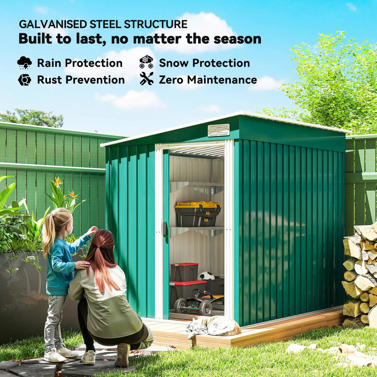 Outsunny 7 x 5ft Galvanised Metal Shed, with Sliding Door - Green