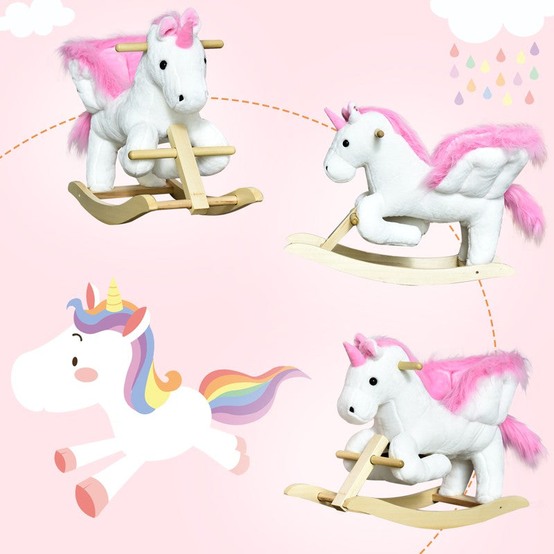 HOMCOM Kids Rocking Horse Unicorn Wooden Plush Ride On Chair Toy with Music 1.5-3 Years