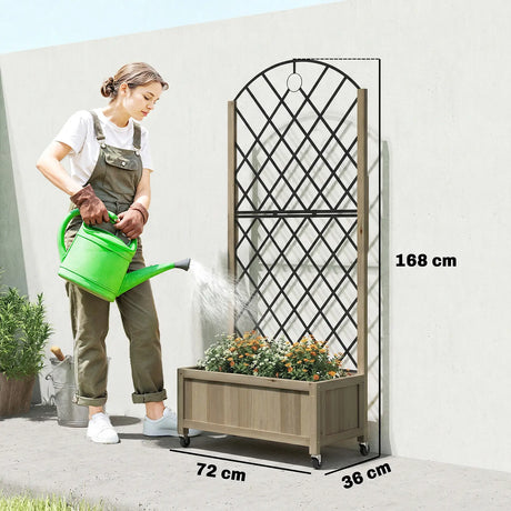 Outsunny Raised Garden Bed with Metal Trellis, Wooden Elevated Planter Box w/Lockable Wheels, Outdoor Raised Planter, Carbonised