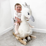 HOMCOM Kids Rocking Horse, Children Plush Ride On Swan Animal Rocker w/ Sound, Wood Base Seat, Safety Belt, Baby Toy Rocker for Toddler 18 - 36 Months, White and Grey