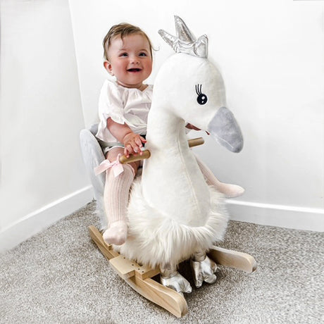 HOMCOM Kids Rocking Horse, Children Plush Ride On Swan Animal Rocker w/ Sound, Wood Base Seat, Safety Belt, Baby Toy Rocker for Toddler 18 - 36 Months, White and Grey
