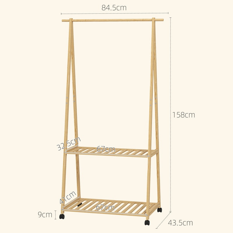 HOMCOM Bamboo Clothes Rack, with Shelves and Hooks - Natural Finish