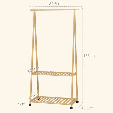 HOMCOM Bamboo Clothes Rack, with Shelves and Hooks - Natural Finish