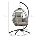 Outsunny Single Rattan Hanging Egg Chair, with Seat Cushion - Grey