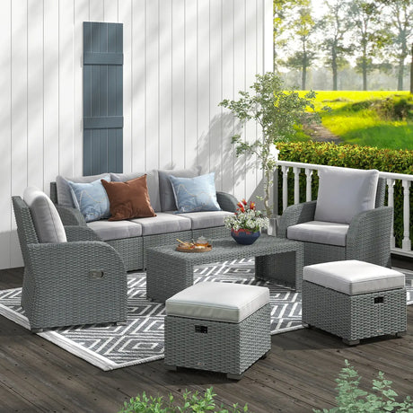Outsunny Six-piece Outdoor Rattan Dining Set, Outdoor Sofa Set with Reclining Armchairs and Mental Frame, Grey