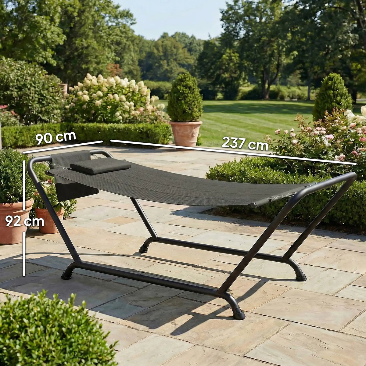 Outsunny Outdoor Hammock with Stand, Freestanding Hammock with Side Pocket, Headrest for Patio, Balcony, Porch, Dark Grey
