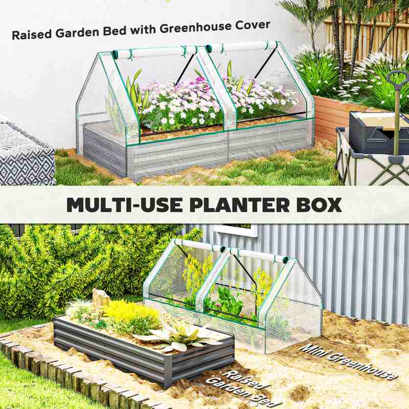 Outsunny Metal Planter Box with Cover, Raised Garden Bed with Greenhouse, for Herbs and Vegetables, White and Dark Grey