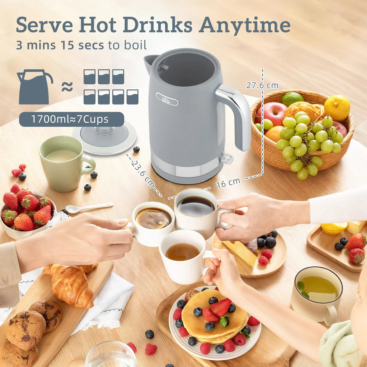 HOMCOM Sleek Textured Kettle and Four-Slice Toaster Set - Grey