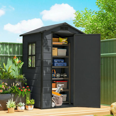 Outsunny 4 x 3 ft Plastic Garden Shed with Floor, Outdoor Storage Shed with Lockable Door, Window and Vent, Dark Grey