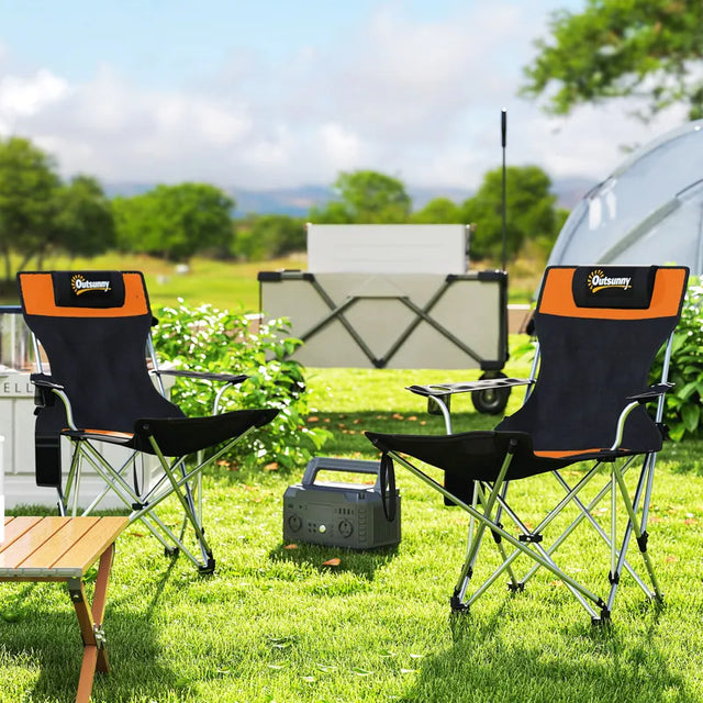 Outsunny Set of 2 Reclining Folding Camping Chair w/ Detachable Footrest, Storage Bag, Cup Holder & Headrest, Lightweight Portable Camp Chair for Beach, Picnic, Orange and Black