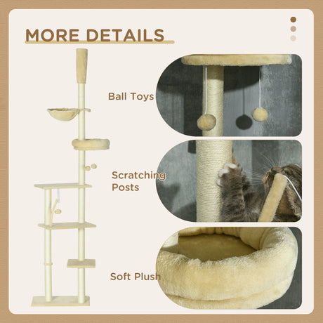 PawHut Floor to Ceiling Cat Tree for Indoor Cats, 6-Tier Play Tower Climbing Activity Center with Scratching Post, Platforms, Bed, Hammock, Adjustable Height 230-250cm, Beige