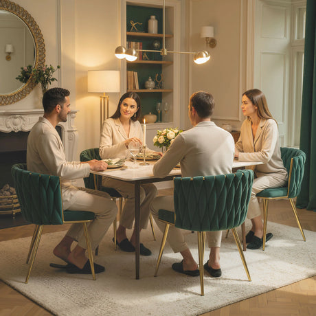 HOMCOM Velvet-Feel Dining Chairs Set of 2, Modern Upholstered Kitchen Chairs with Woven Backrest and Armrests, Metal Legs and Padded Seat for Dining Room, Bedroom, Living Room, Dark Green