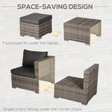 Outsunny 8 Pieces Rattan Garden Furniture Set, Garden Corner Sofa Set with 4 Chairs, 2 Footstools, 2 Coffee Tables and Cushions, Space-Saving Design, No Assembly Required, Grey