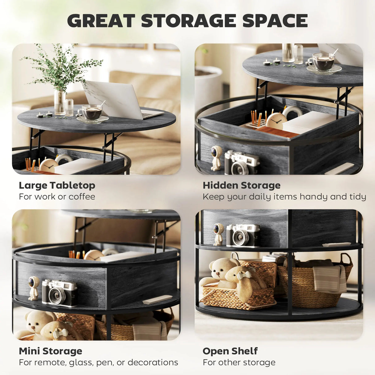 HOMCOM Lift Top Coffee Table, Round Coffee Table with Storage Shelf, Hidden Compartment and Steel Frame for Living Room, Home Office, Charcoal Grey