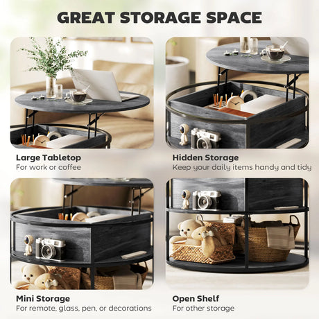 HOMCOM Lift Top Coffee Table, Round Coffee Table with Storage Shelf, Hidden Compartment and Steel Frame for Living Room, Home Office, Charcoal Grey