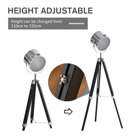 HOMCOM Industrial Style Adjustable Tripod Floor Lamp, Searchlight Lamp with Wooden Legs and Steel Lampshade, 110-155cm, Black