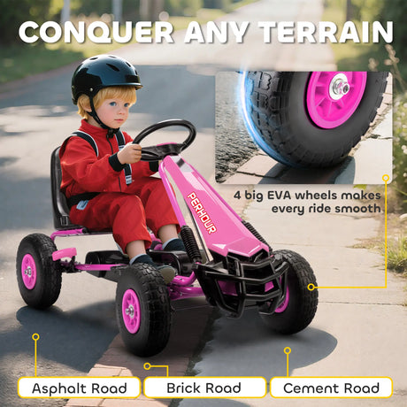 AIYAPLAY Kids Pedal Go Kart with Adjustable Seat, EVA Tyres, Manual Clutch, Brake, Go Kart for Kids 3-8 Years, Pink