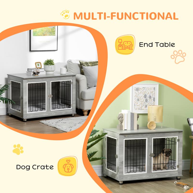 PawHut Dog Crate Furniture, Side End Table, Indoor Dog Kennel with Soft Washable Cushion, Wire Mesh, Large Top, for Medium and Large Dogs,90 x 58 x 65, Grey