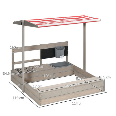 Outsunny Kids Wooden Sandbox w/ Canopy, Kitchen Toys, Seat, Storage, for 3-7 Years Old Outdoor Play