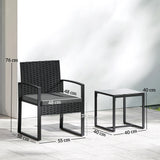 Outsunny Rattan Bistro Set, 3 Piece Garden Furniture Set with Glass Top Table and Cushions, Dark Grey