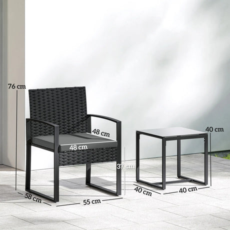 Outsunny Rattan Bistro Set, 3 Piece Garden Furniture Set with Glass Top Table and Cushions, Dark Grey
