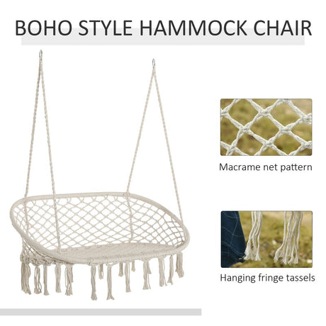 Outsunny Hanging Hammock Chair Cotton Rope Porch Swing with Metal Frame, Large Macrame Seat for Patio, Garden, Bedroom, Living Room, Cream White