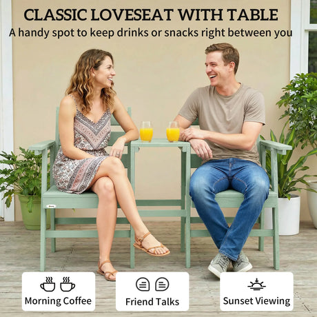 Outsunny Outdoor Garden Loveseat, Embossed Wooden Jack and Jill Garden Seat with Integrated Table, Green