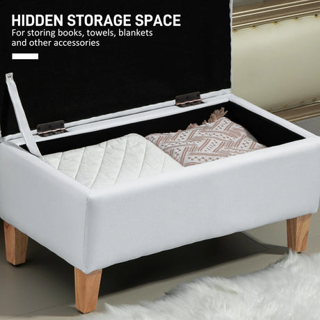 HOMCOM 30L Linen Storage Ottoman Padded Footstool with Rubberwood Legs for Storage Box, Bed End, Shoe Bench, Seating, Cream White