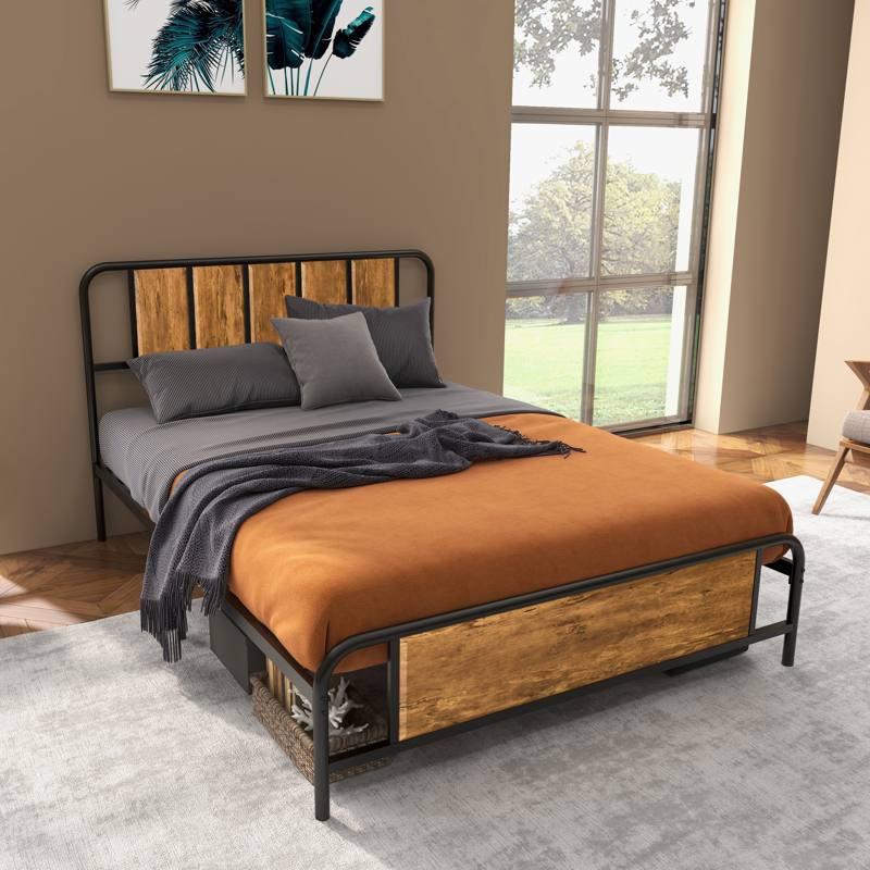 HOMCOM 4.8ft Double Bed Frame with Industrial Wood Headboard, Steel Slat Support and 25.5cm Underbed Storage Space, 145 x 199cm, Rustic Brown