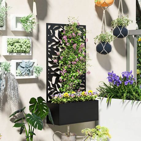 Outsunny Metal Garden Bed with Trellis, Wall Mounted or Freestanding Raised Planter with Privacy Panel, Black