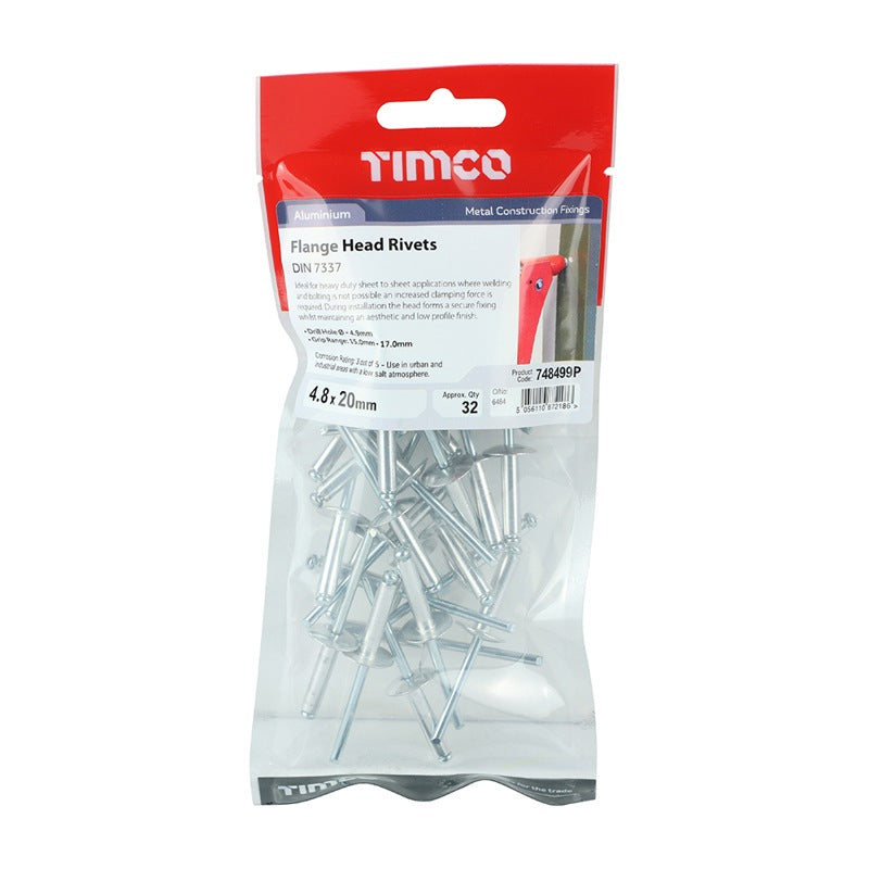 32 x TIMCO Rivets Flange Head Aluminium - 4.8 x 20