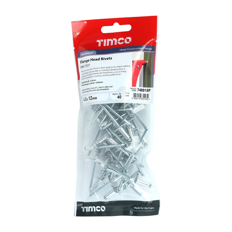 40 x TIMCO Rivets Flange Head Aluminium - 4.8 x 12