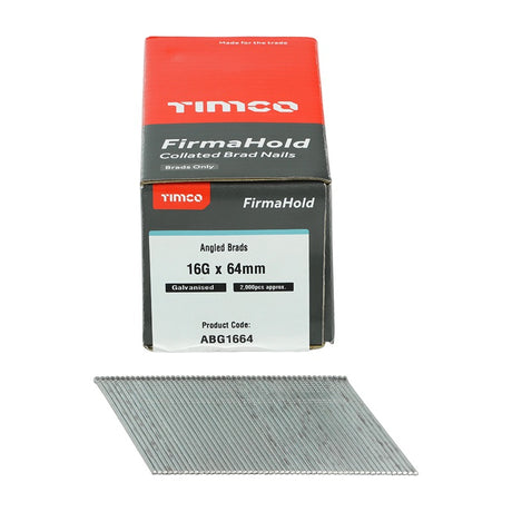 2000 x TIMCO FirmaHold Collated 16 Gauge Angled Galvanised Brad Nails - 16g x 64