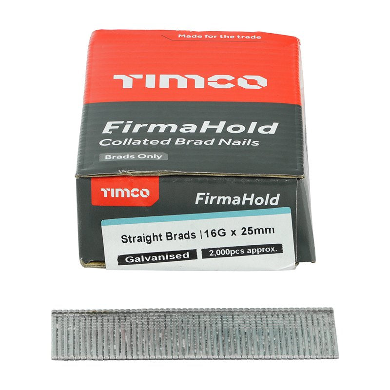 2000 x TIMCO FirmaHold Collated 16 Gauge Straight Galvanised Brad Nails - 16g x 25