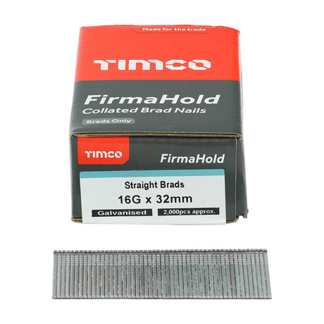 2000 x TIMCO FirmaHold Collated 16 Gauge Straight Galvanised Brad Nails - 16g x 32