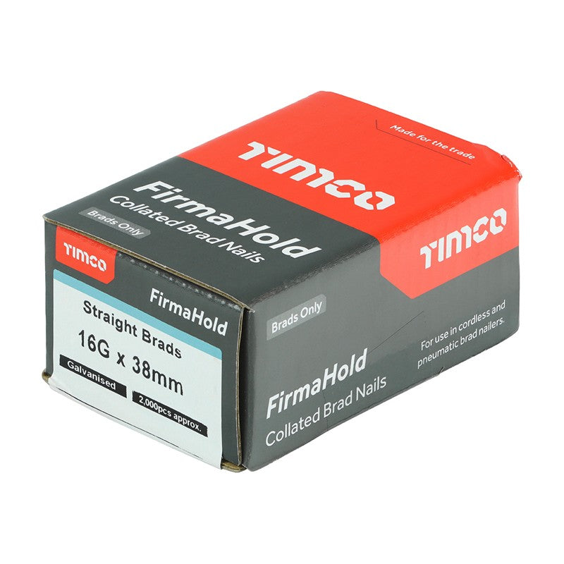 2000 x TIMCO FirmaHold Collated 16 Gauge Straight Galvanised Brad Nails - 16g x 38