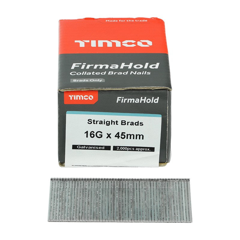 2000 x TIMCO FirmaHold Collated 16 Gauge Straight Galvanised Brad Nails - 16g x 45