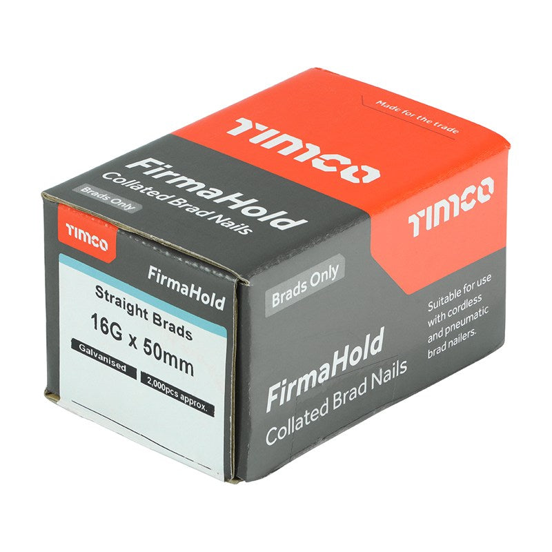 2000 x TIMCO FirmaHold Collated 16 Gauge Straight Galvanised Brad Nails - 16g x 50