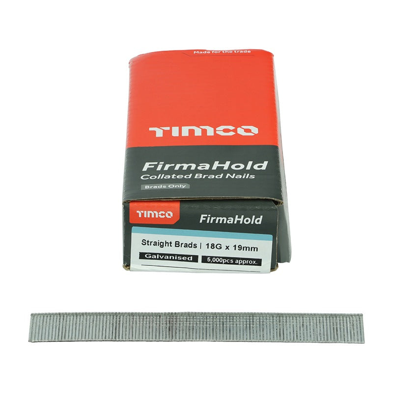 5000 x TIMCO FirmaHold Collated 18 Gauge Straight Galvanised Brad Nails - 18g x 19