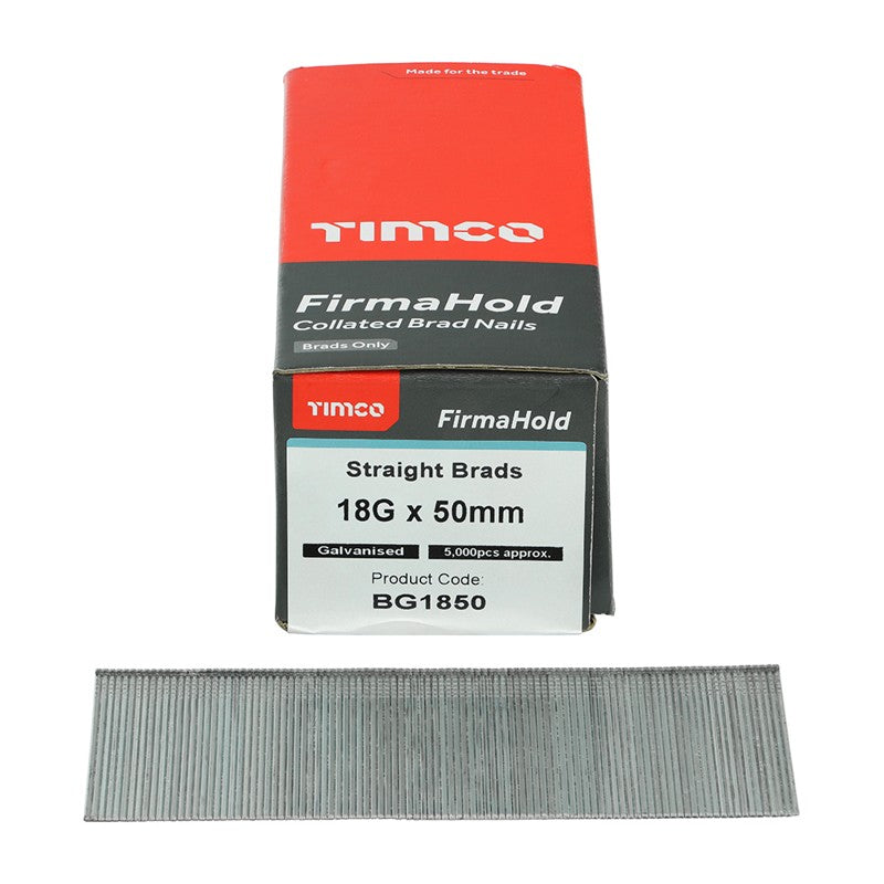 5000 x TIMCO FirmaHold Collated 18 Gauge Straight Galvanised Brad Nails - 18g x 50