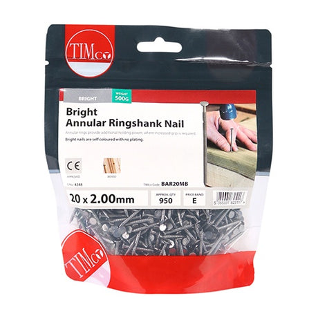 0.5kg - TIMCO Annular Ringshank Nails Bright - 20 x 2.00