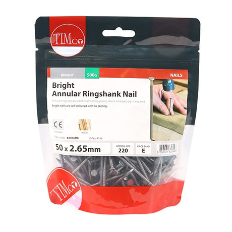 0.5kg - TIMCO Annular Ringshank Nails Bright - 50 x 2.65