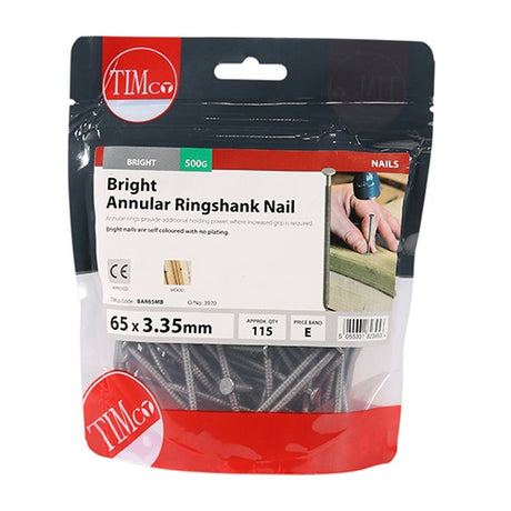 0.5kg - TIMCO Annular Ringshank Nails Bright - 65 x 3.35