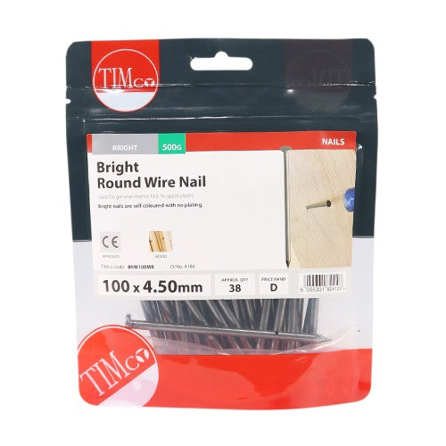 0.5kg - TIMCO Round Wire Nails Bright - 100 x 4.50