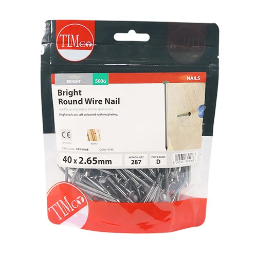 0.5kg - TIMCO Round Wire Nails Bright - 40 x 2.65