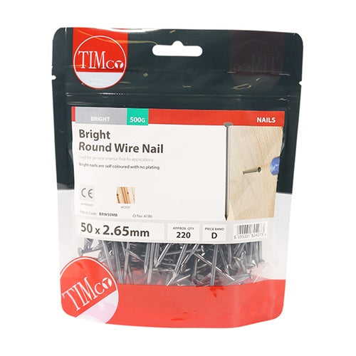 0.5kg - TIMCO Round Wire Nails Bright - 50 x 2.65