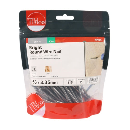 0.5kg - TIMCO Round Wire Nails Bright - 65 x 3.35