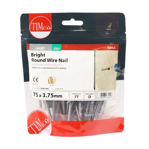 0.5kg - TIMCO Round Wire Nails Bright - 75 x 3.75