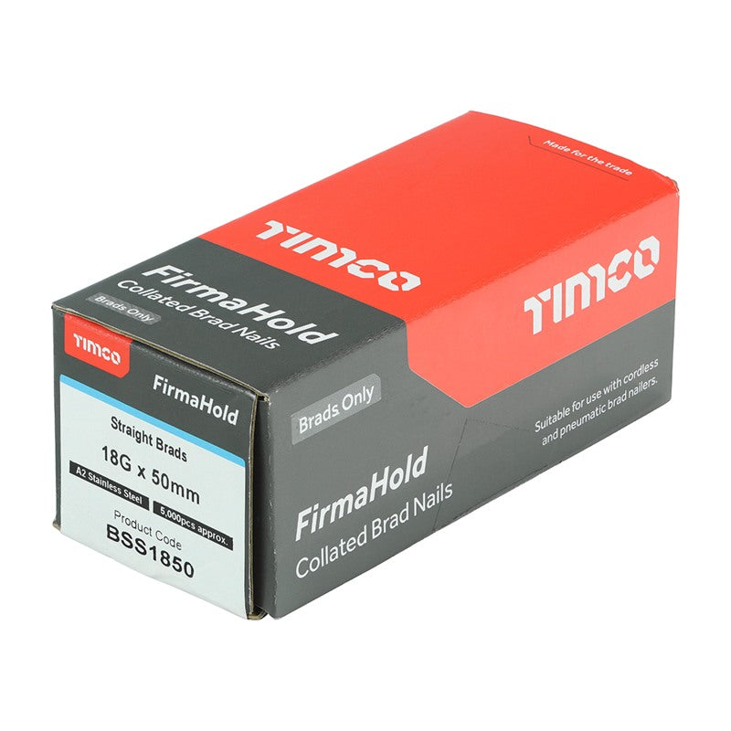 5000 x TIMCO FirmaHold Collated 18 Gauge Straight A2 Stainless Steel Brad Nails - 18g x 50